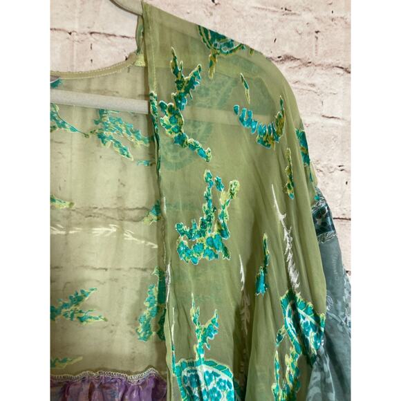 Ania. A Silk Kimono Top Womens XL Velvet Burnout Pastel Paisley Open Front Artsy - Picture 8 of 15